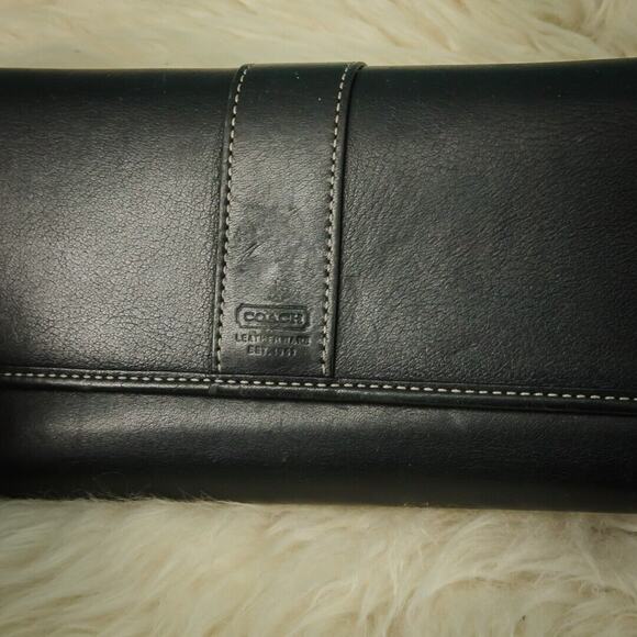Coach Hamilton Black Leather Continental Style Snap Tri Fold Wallet Checkbook - Picture 2 of 6
